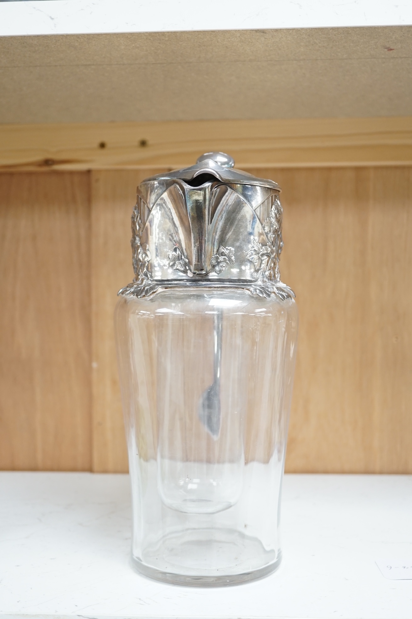 An Art Nouveau electroplate mounted Bacchanalian lemonade jug, 28cm. Condition - fair to good